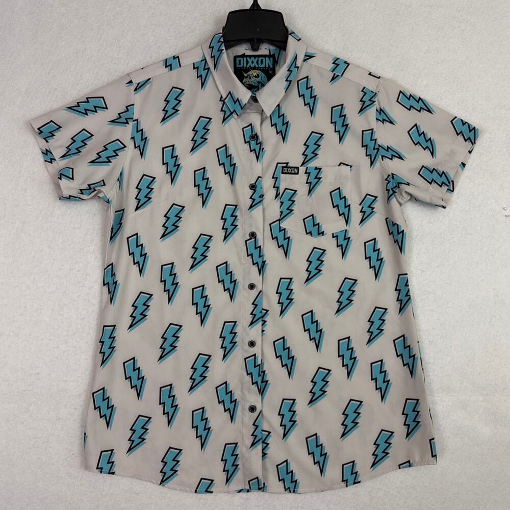 Dixxon Voltage Party Shirt Womens Large White Blue Lightning Bolt Button Up